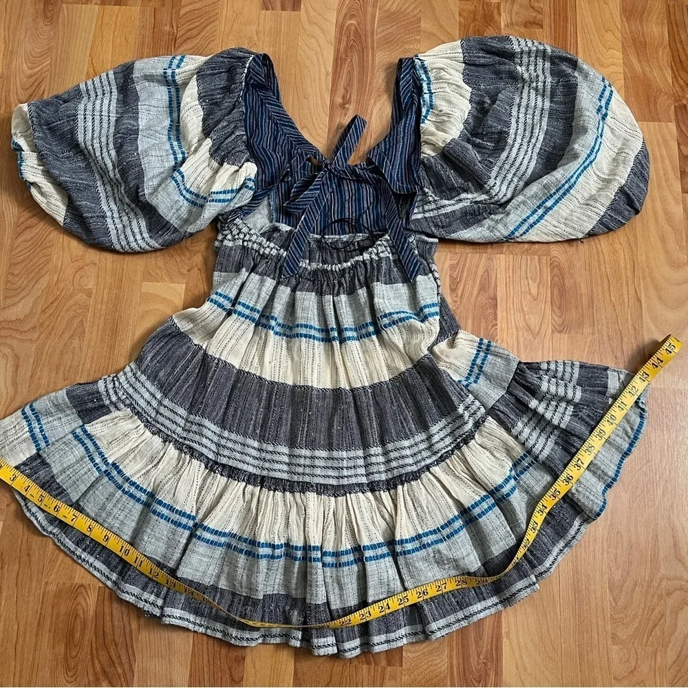 EUC Free People Chic Indigo Combo Gauzy mini dress with balloon sleeves sz XS